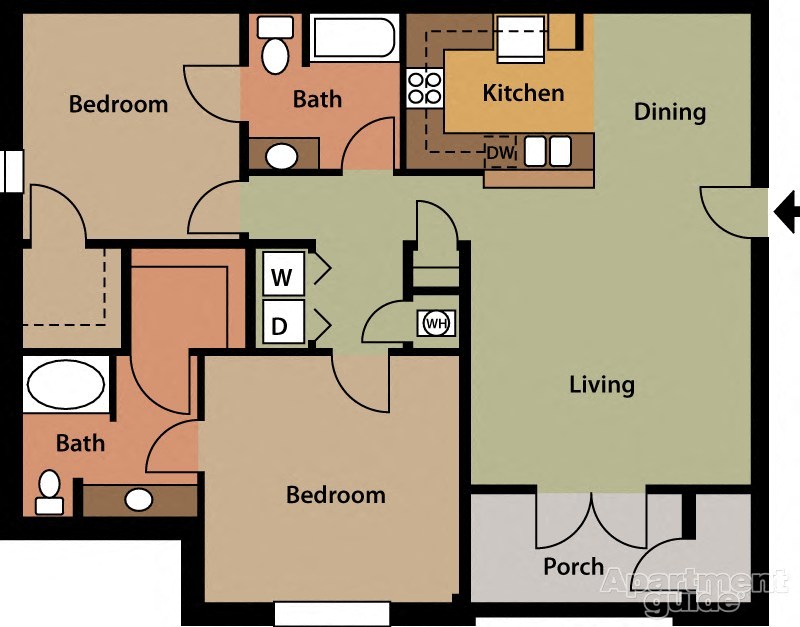 Floor plan for 2 beds, 2 baths, 1212 sqft